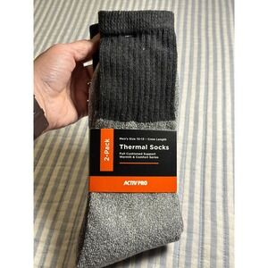 Activ Pro Mens Thermal Socks 2 Pack Crew Length Gray Black Size 10-13 Shoe 8-12